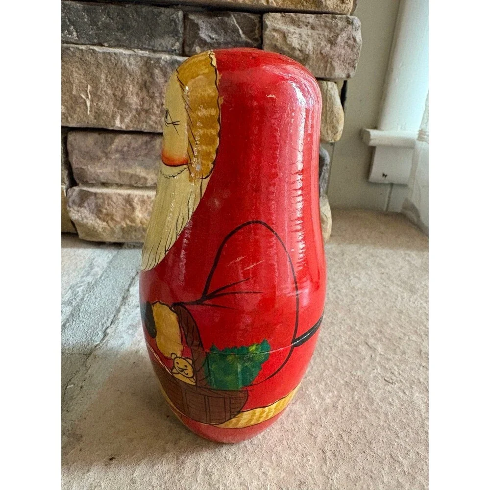 Vintage Russian Wooden Folk Art Hand Painted Nesting Santa with Children